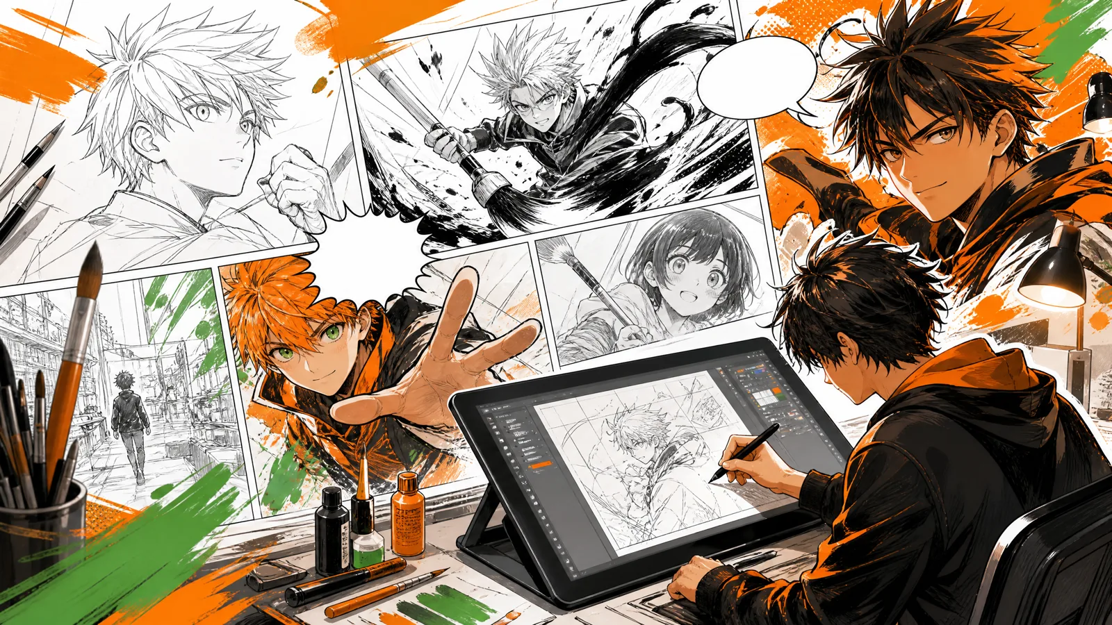 原创漫画分镜与作者手稿拼贴的创作基地主视觉